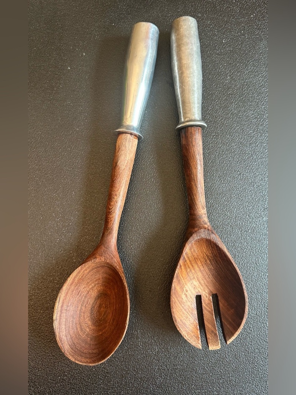VINTAGE Teak Salad Serving Utensils/Teak Wood and Silver Handles Spoon Fork